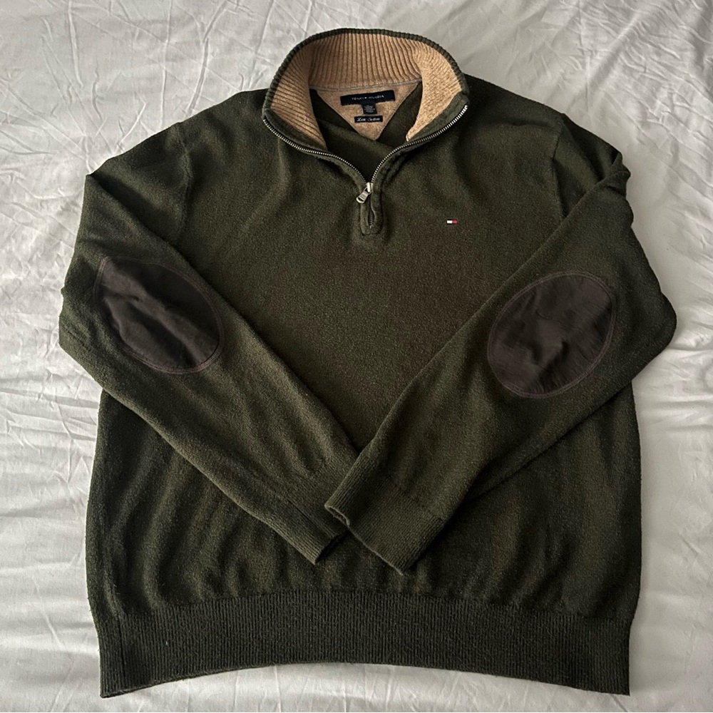 Tommy Hilfiger Mens L Sweater Pullover Green Cotton Knit Quarter Zip Flag Logo